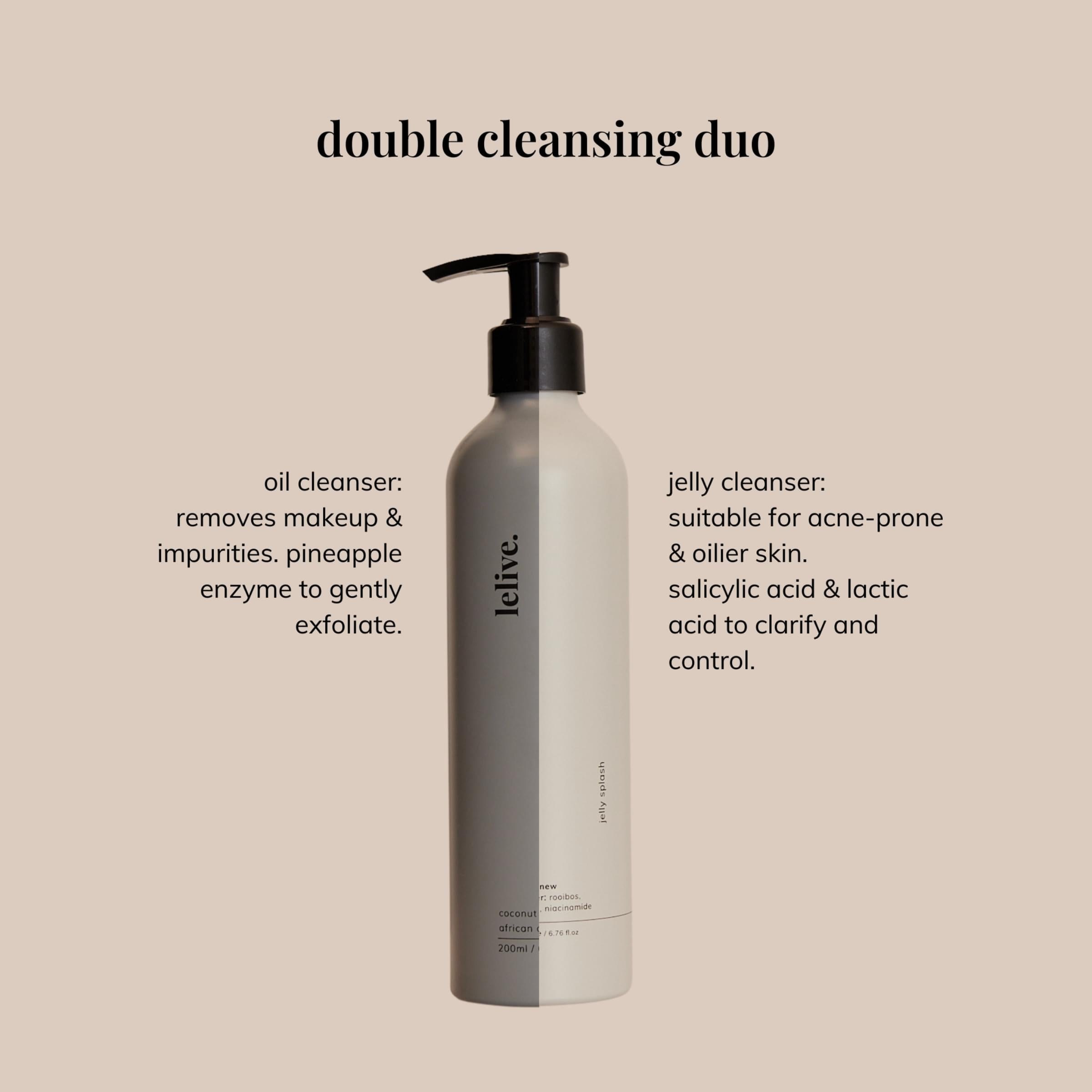 Double cleanse routine featuring oil cleanser and jelly cleanser for effective 2 cleansers skincare method