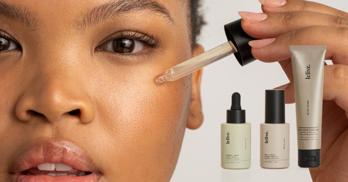 Dark spot treatment routine for melanin-rich skin — lelive All The Shade SPF, All Glow'd Up Serum, African Gold Facial Oil Elixir
