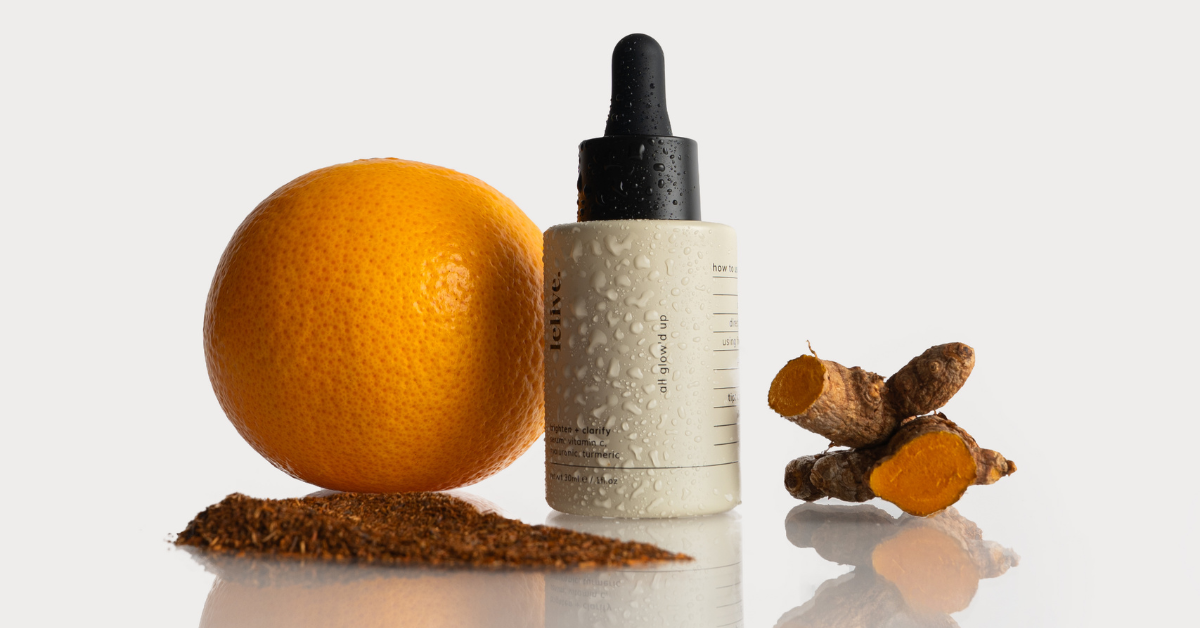 lelive All Glow'd Up vitamin C and niacinamide serum bottle with fresh orange, ground rooibos and turmeric root