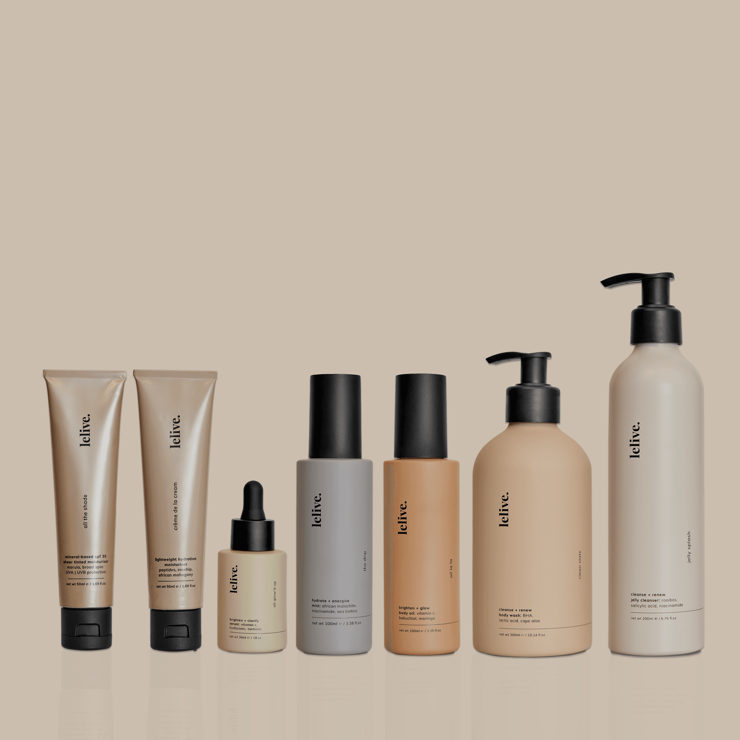 A lineup of seven lelive skincare products for faace and body, earth tones, arranged against a solid beige background.